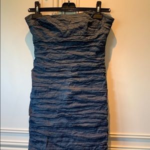 Full length strapless blue dress with gold trim